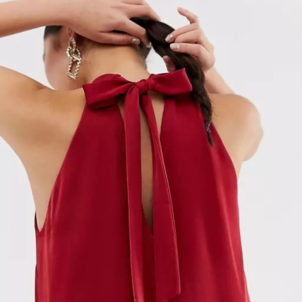 Sexy Crimson Red River Island High Neck Halter Tie Neck Bow Swing Top UK8 US4